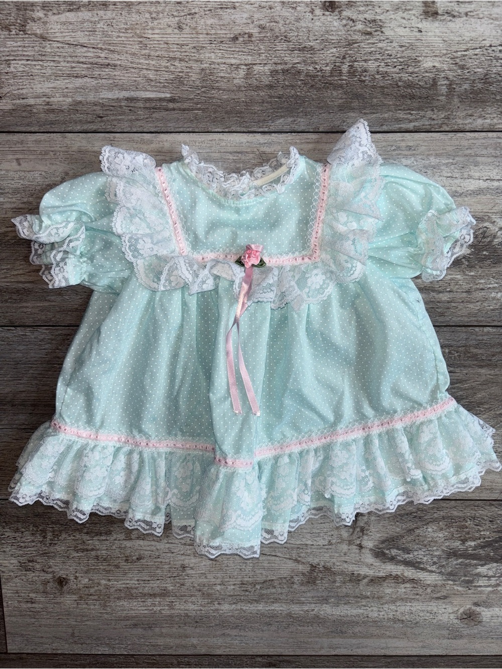 MOTHER Mint Green Dress with Pink Ribbon and White Lace Trim